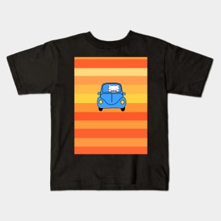 Cat driving a blue car Kids T-Shirt